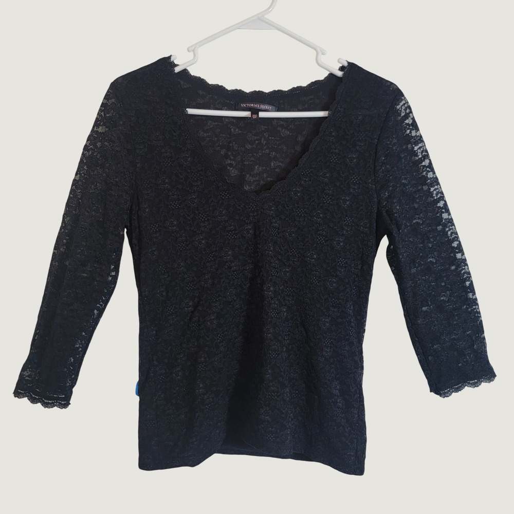 Victoria Secret Black Lace‎ Top V-Neck 3/4 Sleeve Small Grunge Dark Romantic